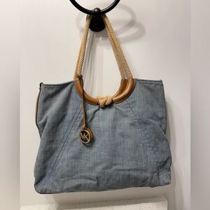 Michael Kors Isla Ring Canvas Tote Bag Denim Blue Natural Rope Handle Large